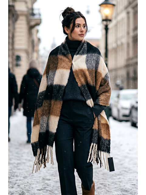 Remsa Püsküllü Buklet Atkı Şal 45X190 cm 1304 Kahverengi