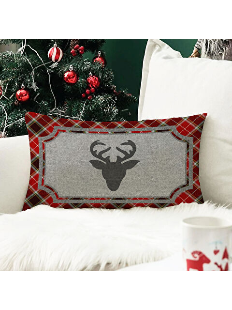 Evmila Yılbaşı Temalı Geyik Desenli Kadife Kırlent Kılıfı 35x55 cm - S000285308-23173