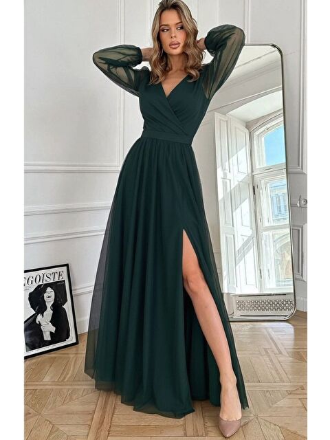 Jane's Kadın Uzun Kollu Kruvaze Yakalı Belden Kuşaklı Tüllü Uzun Ithal Krep Elbise - S000529005-18194