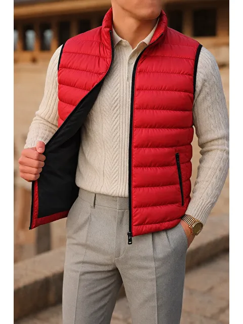 Comstar Erkek Kışlık Comfort Kolsuz Astarlı Siyah Kırmızı Yelek