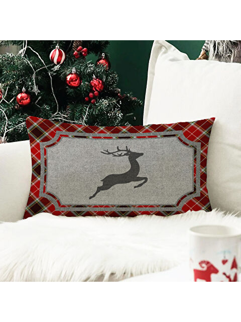 Evmila Yılbaşı Temalı Geyik Desenli Kadife Kırlent Kılıfı 35x55  cm - S000285307-23173
