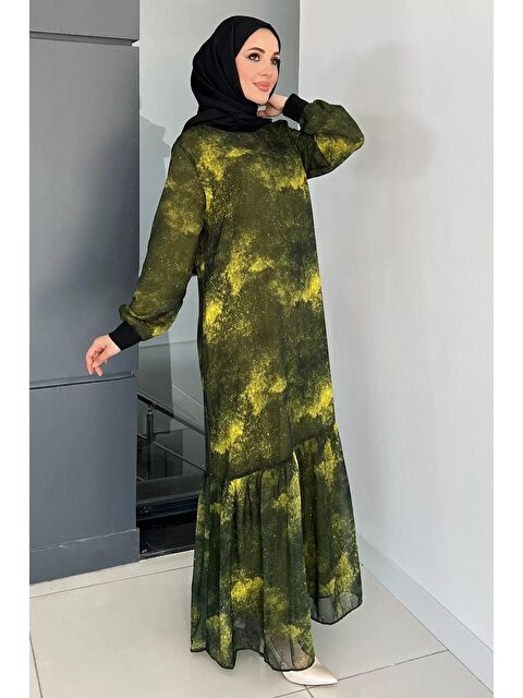 Julude Bisiklet Yaka Desenli Fırfırlı Tesettür Şifon Elbise - S000179123-18547