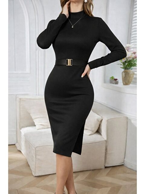 Jane's Kadın Uzun Kollu Balıkçı Yaka Kemerli Midi Sıvama Deri Elbise - S000529006-19351