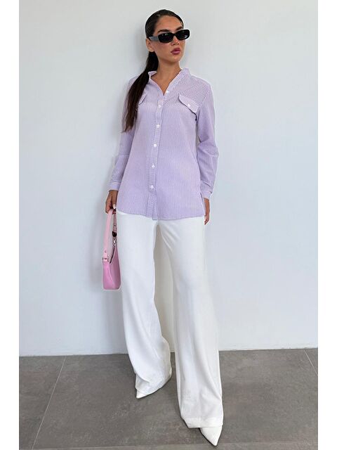 Madmext Mor Çizgili Gofre Kumaş Kadın Oversize Gömlek Mg1666 - S000056745-20042
