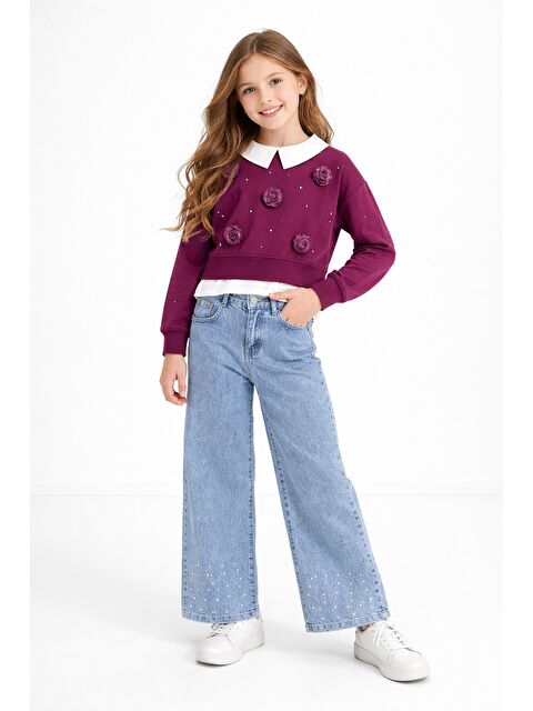 Cansın Mini Bordo İnci İşlemeli Badili ve Jean Pantolonlu Kız Çocuk Gömlekli Takım 23601 - S000511465-19951