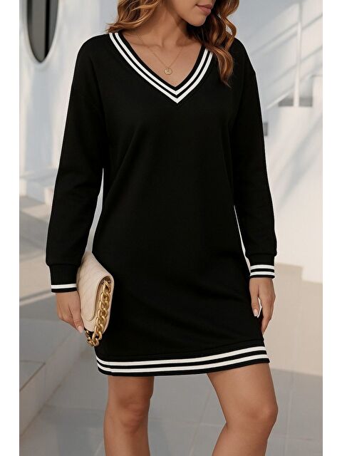 Jane's Kadın Uzun Kollu V Yakalı şerit Detaylı Kısa Viskon Iki Iplik Elbise - S000529008-19351