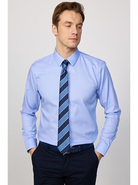 TUDORS Slim Fit Mavi Non-Iron %100 Pamuk  Ekoteks Belgeli Ütü Gerektirmez Gömlek