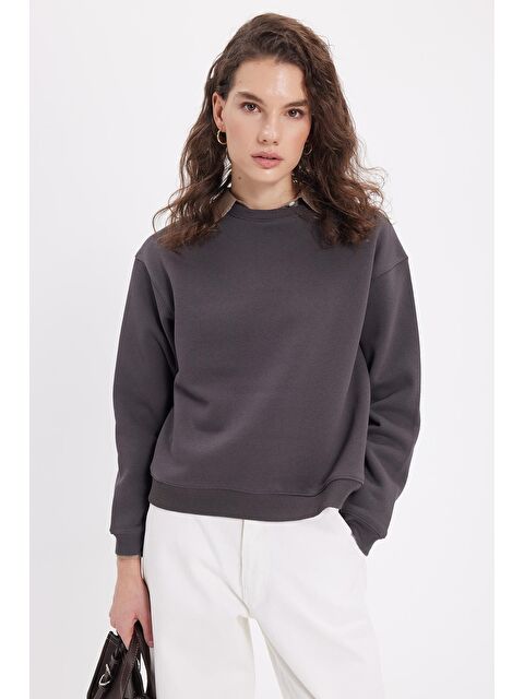 TUDORS Kadın Oversize Geniş Kesim Pamuklu Bisiklet Yaka Füme Sweatshirt - S000523161-33408