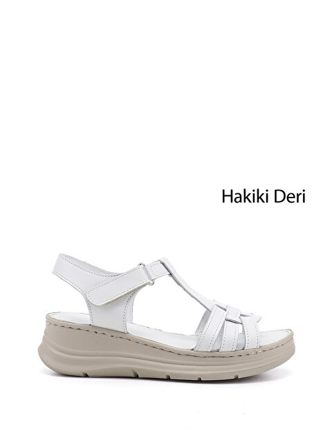GÖNDERİ(R) Kadın CANLI BEYAZ Cırt Bantlı Dolgu Topuk Hakiki Deri Sandalet