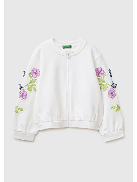 United Colors Of Benetton Kız Çocuk Beyaz Kolları İşleme Detaylı Fermuarlı Bisiklet Yaka Sweatshirt