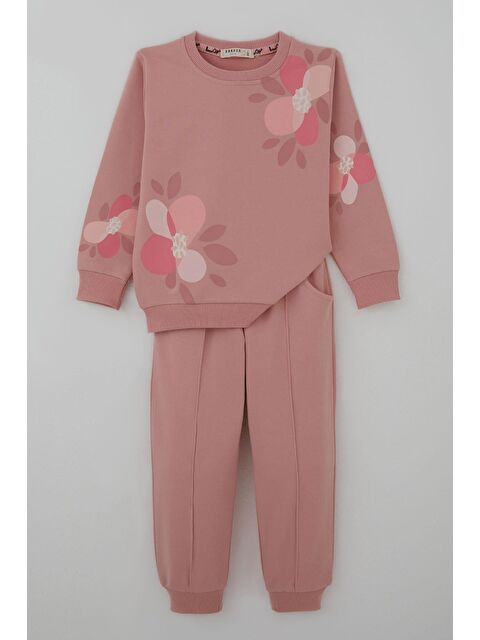 Breeze Kız Çocuk Eşofman Takımı Çiçek Baskılı Pantolonu Çima Dikiş Detaylı Gülkurusu (3-7 Yaş)