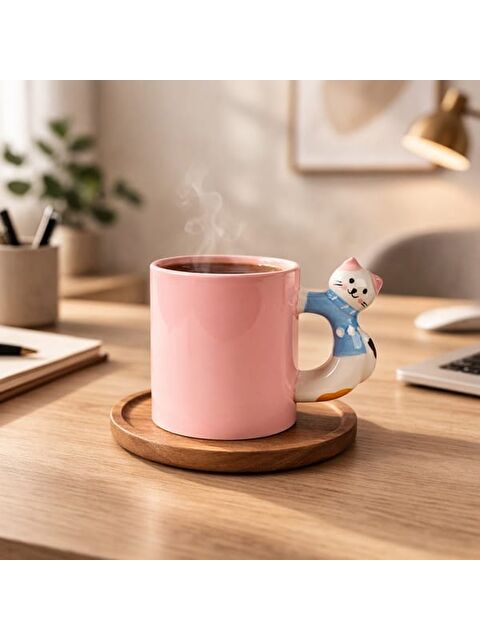 Evidea Kitchen Kitty Desenli Seramik Kupa - Pembe - 450 ml