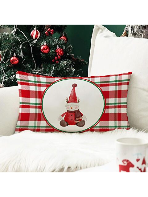 Evmila Yılbaşı Temalı Kardan Adam Desenli Kadife Kırlent Kılıfı 35x55 cm - S000285309-23173