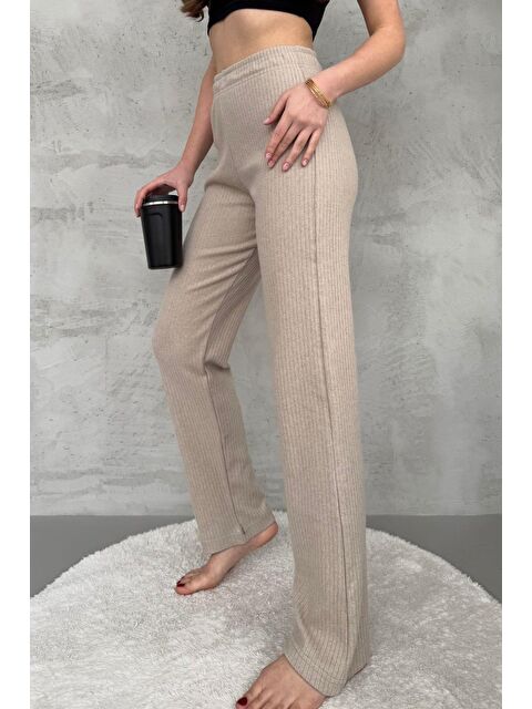 Mmetalic Kadın Vizon Yüksek Bel Fitilli Bol Paça Günlük İnce Eşofman Altı Pijama - S000353246-26429