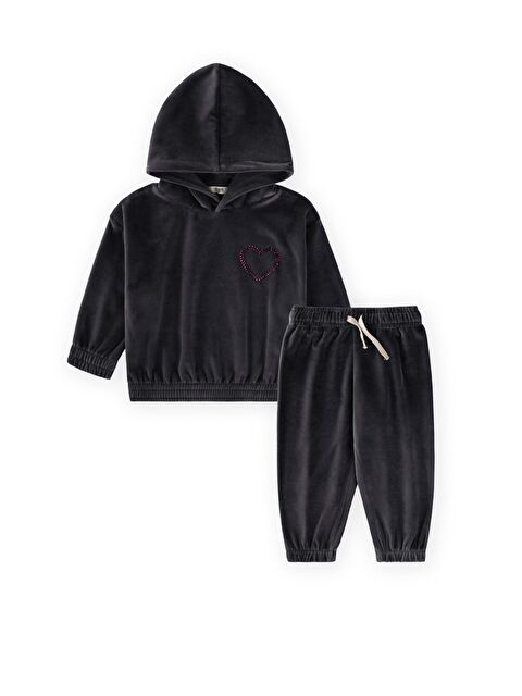 CİGİT Kapüşonlu Kadife Sweatshirt Takım 2-8 Yaş Siyah - S000491410-19351