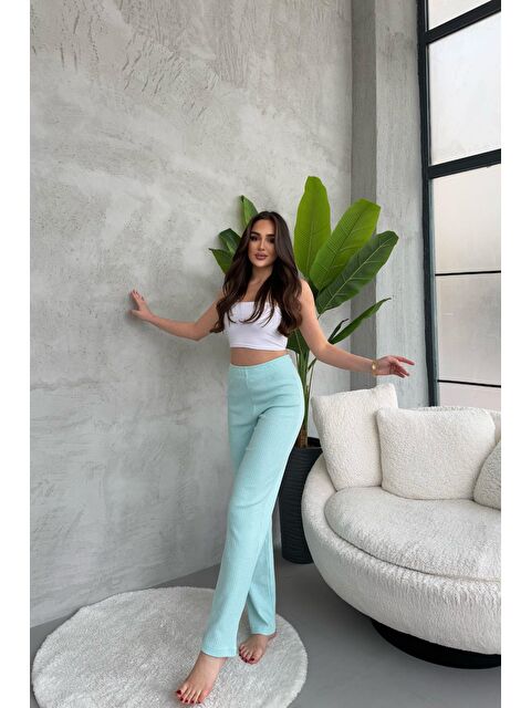 Mmetalic Kadın Su Yeşili Yüksek Bel Fitilli Bol Paça Günlük İnce Eşofman Altı Pijama - S000353246-20054