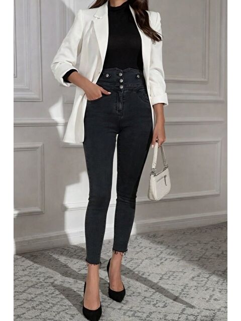 Jane's Kadın Yüksek Bel önden Düğmeli Cepli Dar Kesim Detaylı Jean Pantolon