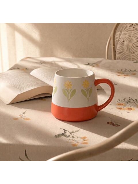 Evidea Kitchen Sarı Çiçekli Seramik Kupa - Beyaz - 500 ml