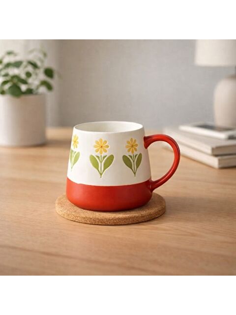 Evidea Kitchen Sarı Çiçekli Seramik Kupa - Beyaz - 500 ml