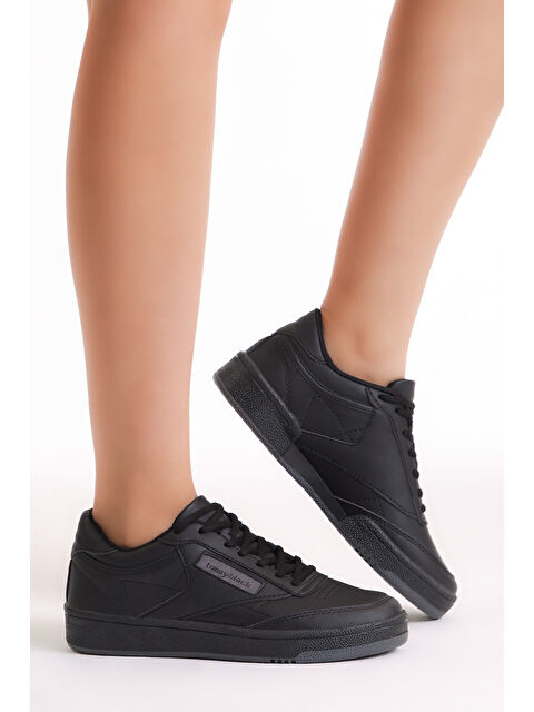 TONNY BLACK Unisex Siyah Cilt Rahat Kalıp Poli Taban Bağcıklı Spor Ayakkabı