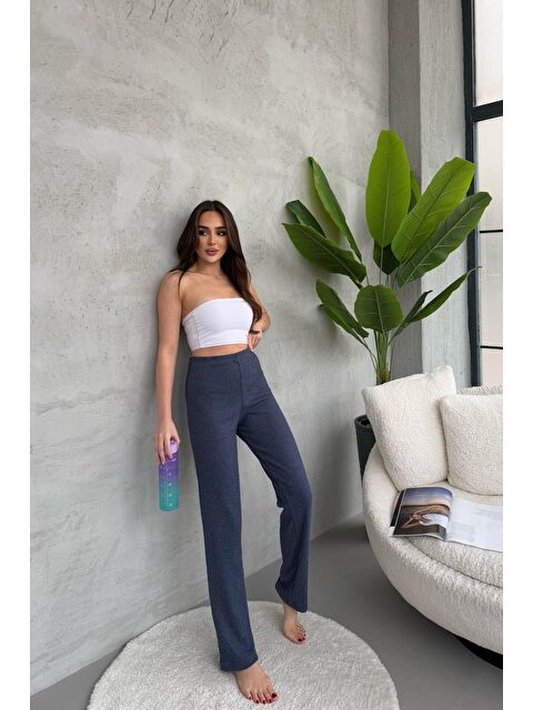 Mmetalic Kadın Füme Yüksek Bel Fitilli Bol Paça Günlük İnce Eşofman Altı Pijama - S000353246-33408