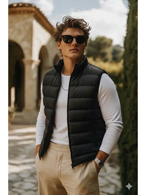 Comstar Erkek Kışlık Premium Trend Fermuarlı Siyah Şişme Yelek