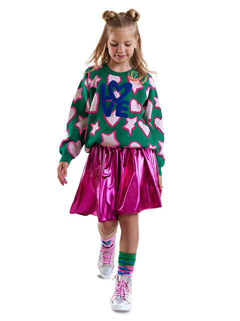 Denokids Yıldızlı Kalp Kız Çocuk Yeşil Triko Kazak - S000424492-18194