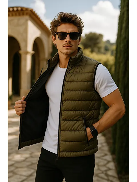 Comstar Erkek Kışlık Premium Trend Fermuarlı Haki Şişme Yelek