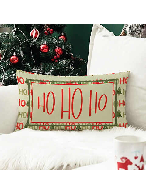 Evmila Yılbaşı Temalı Ho Ho Ho Desenli Kadife Kırlent Kılıfı 35x55 cm - S000285310-23173