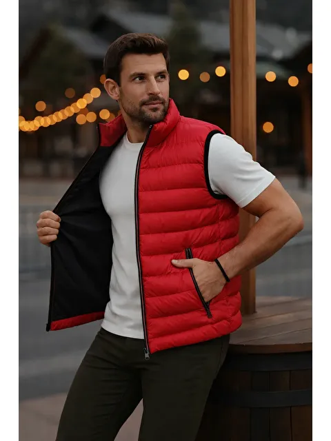 Comstar Erkek Astarlı Kışlık Cepli Fermuarlı Kırmızı Şişme Yelek