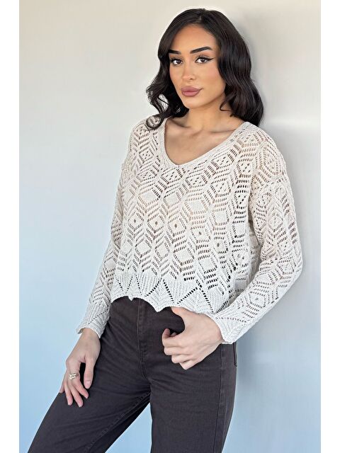 Gülseli Kadın V Yaka Ajurlu Triko Bluz - S000517474-19966