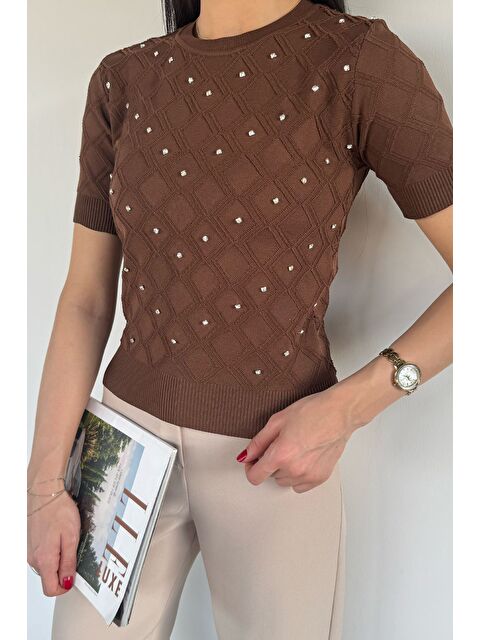 Gülseli Kadın Taşlı Kısa Kol Triko Bluz - S000517449-19413