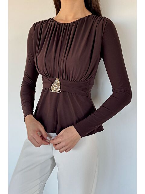 Gülseli Kadın Pileli Bel Lastikli Gold Toka Detaylı Bluz - S000517475-19413