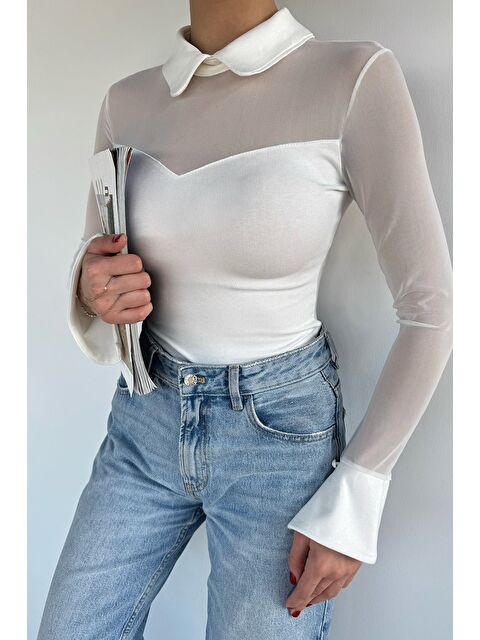 Gülseli Kadın Polo Yaka Tül Garnili Elastanlı Bluz - S000517452-19966