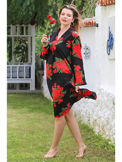 Chiccy Siyah-Kırmızı V Yaka Düğmeli Uzun Kollu Gizli Cepli Allover Baskılı Viskon Dokuma Elbise 115 58 - S000367747-37434