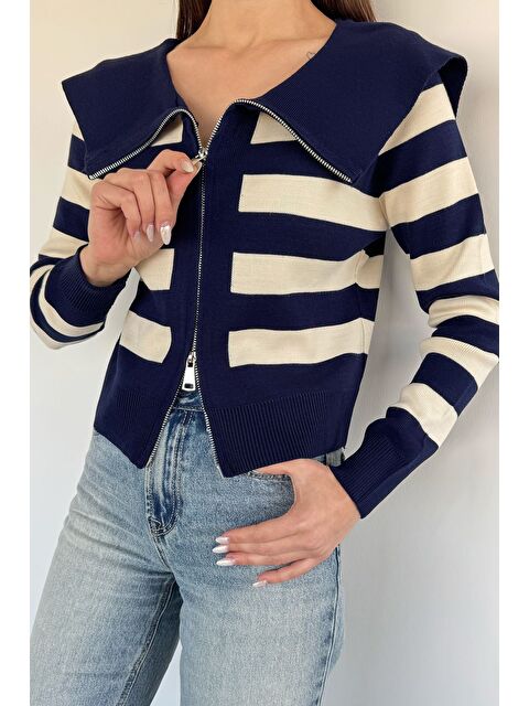 Gülseli Kadın Çizgi Desenli Fermuarlı Triko Bluz - S000517504-21164