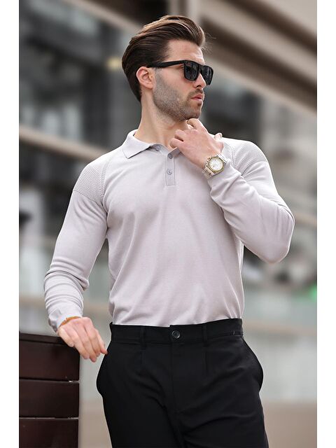Madmext Gri Polo Yaka Dokulu Uzun Kollu Kazak E7264 - S000296930-20600