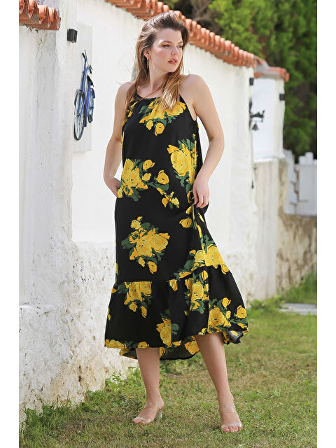 Chiccy Siyah-Sarı Gizli Cepli Eteği Fırfırlı Ayarlanabilir Askılı Casual Viskon Dokuma Elbise 128 66 - S000367890-37446