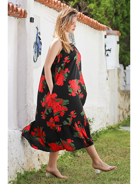 Chiccy Siyah-Kırmızı Gizli Cepli Eteği Fırfırlı Ayarlanabilir Askılı Casual Viskon Dokuma Elbise 128 66 - S000367890-37434