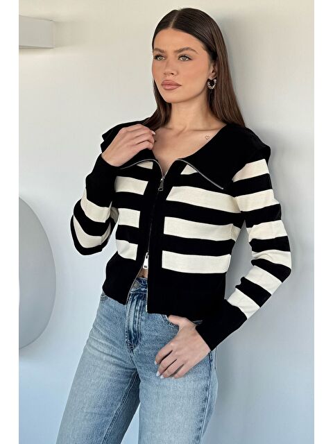 Gülseli Kadın Çizgi Desenli Fermuarlı Triko Bluz - S000517504-19351
