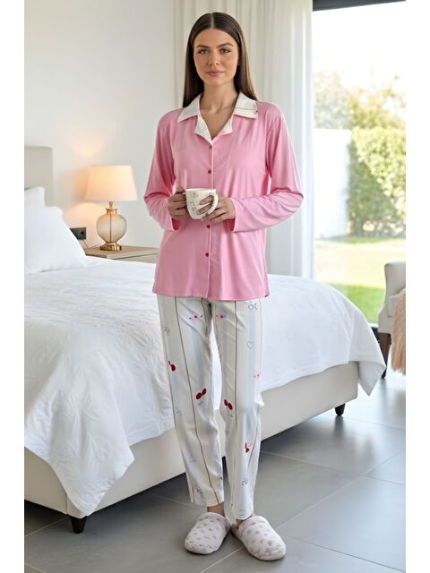 Gülseli Boyraz Kadın Ön Düğmeli Kiraz Baskılı Pijama Takımı - S000517508-20024