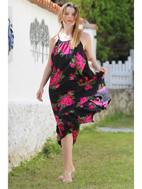 Chiccy Siyah-Fuşya Gizli Cepli Eteği Fırfırlı Ayarlanabilir Askılı Casual Viskon Dokuma Elbise 128 66 - S000367890-37429