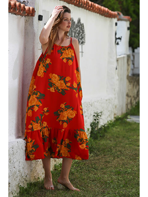 Chiccy Kırmızı Gizli Cepli Eteği Fırfırlı Ayarlanabilir Askılı Casual Viskon Dokuma Elbise 128 66 - S000367890-20045