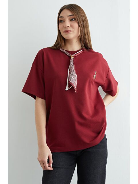 Fullamoda Fular Detaylı Bisiklet Yaka Nakışlı Oversize Tişört - S000496694-19951