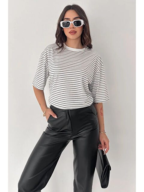 carla10 Kadın Oversize Çizgili Tişört Beyaz - S000504949-20063