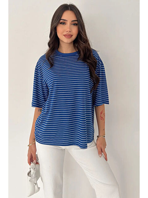 carla10 Kadın Oversize Çizgili Tişört Lacivert - S000504949-21164