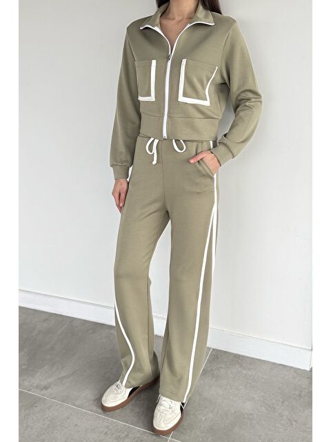 Gülseli Kadın Ön Fermuarlı Çift Cepli Şerit Desenli Sweat Bel Lastikli Pantolon İkili Takım - S000482970-18547