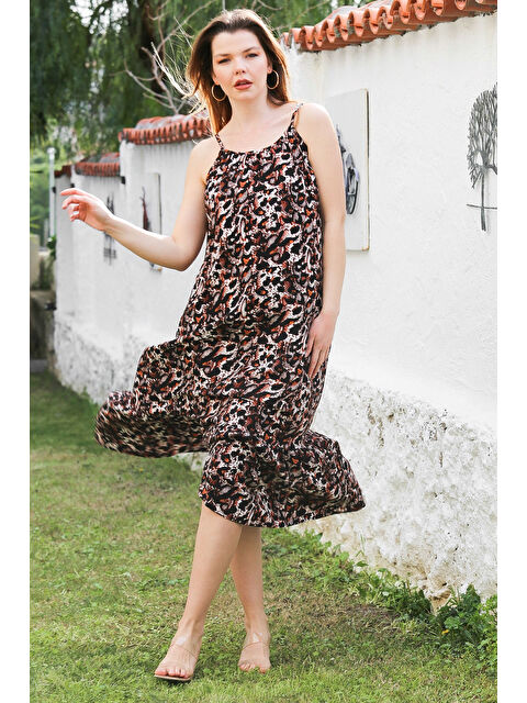 Chiccy Kahverengi Leopar Desenli Gizli Cepli Eteği Fırfırlı Ayarlanabilir Askılı Dokuma Elbise 128 66 - S000367892-19413
