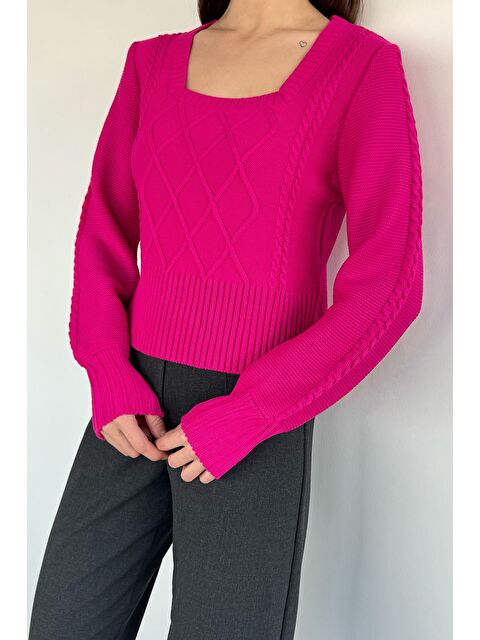 Gülseli Kare Yaka Örgü Desenli Kadın Triko Kazak - S000469819-18686