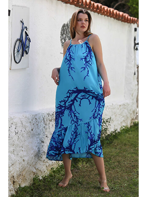 Chiccy Turkuaz Gizli Cepli Eteği Fırfırlı Ayarlanabilir Askılı Casual Viskon Dokuma Elbise 128 66 - S000367893-20055